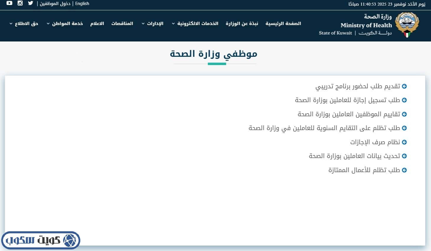 واجهة توضح خدمات موظفي وزارة الصحة عبر موقعها الإلكتروني